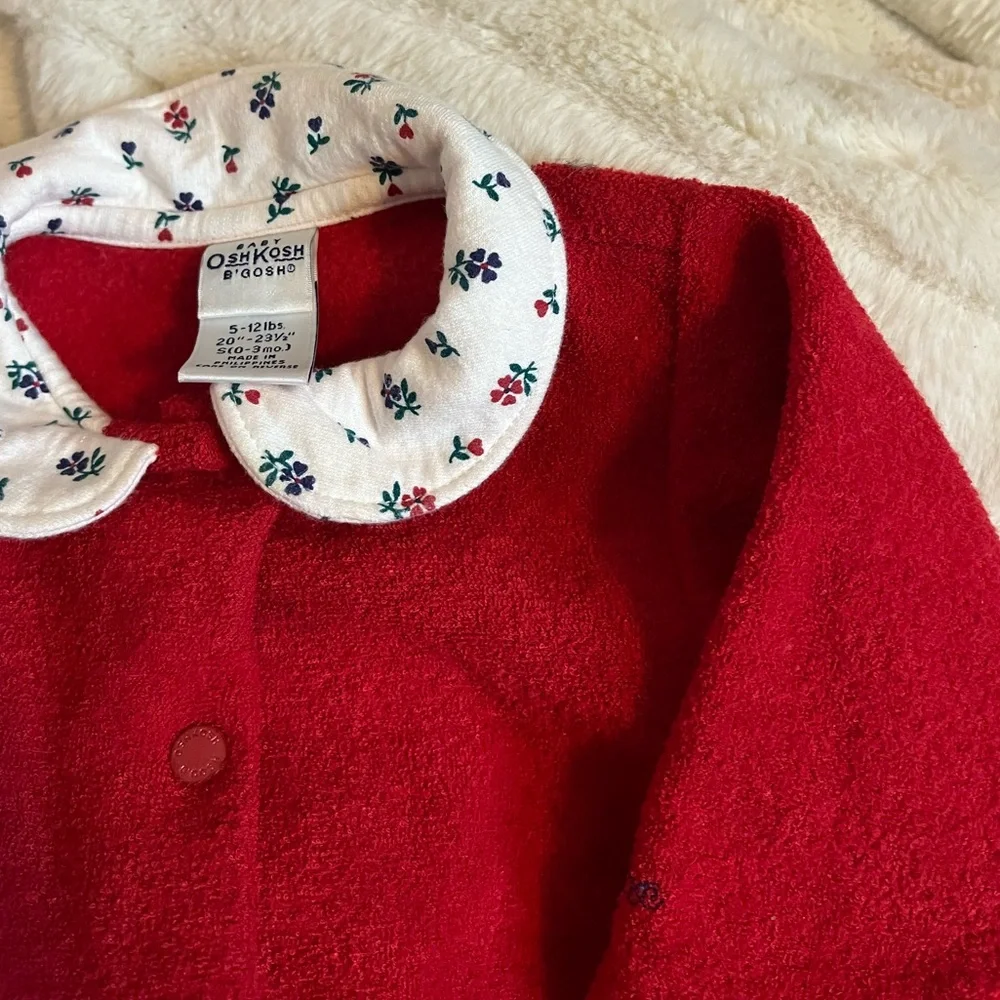 VTG 80s 90s Oshkosh Baby Infant Girls 0/3M Red Terry Cloth Snap Front Winter Top